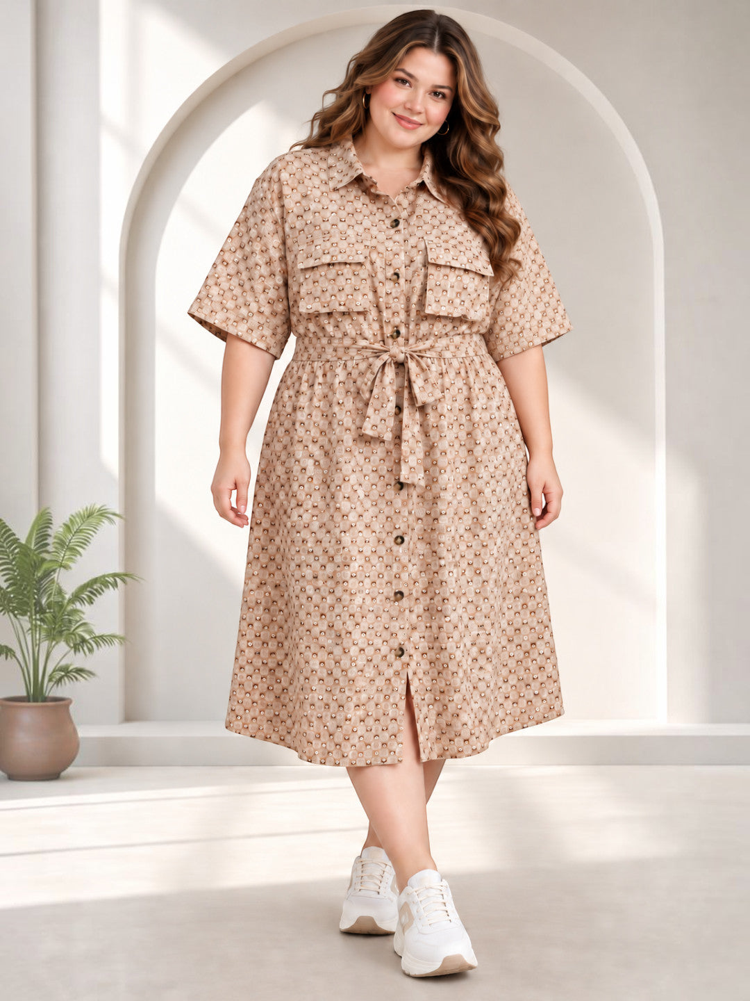Collar, button placket and chest pockets on plus size shirt dress