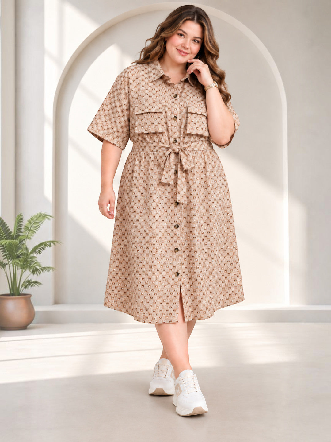 Oxolloxo plus size geometric print shirt dress styled look