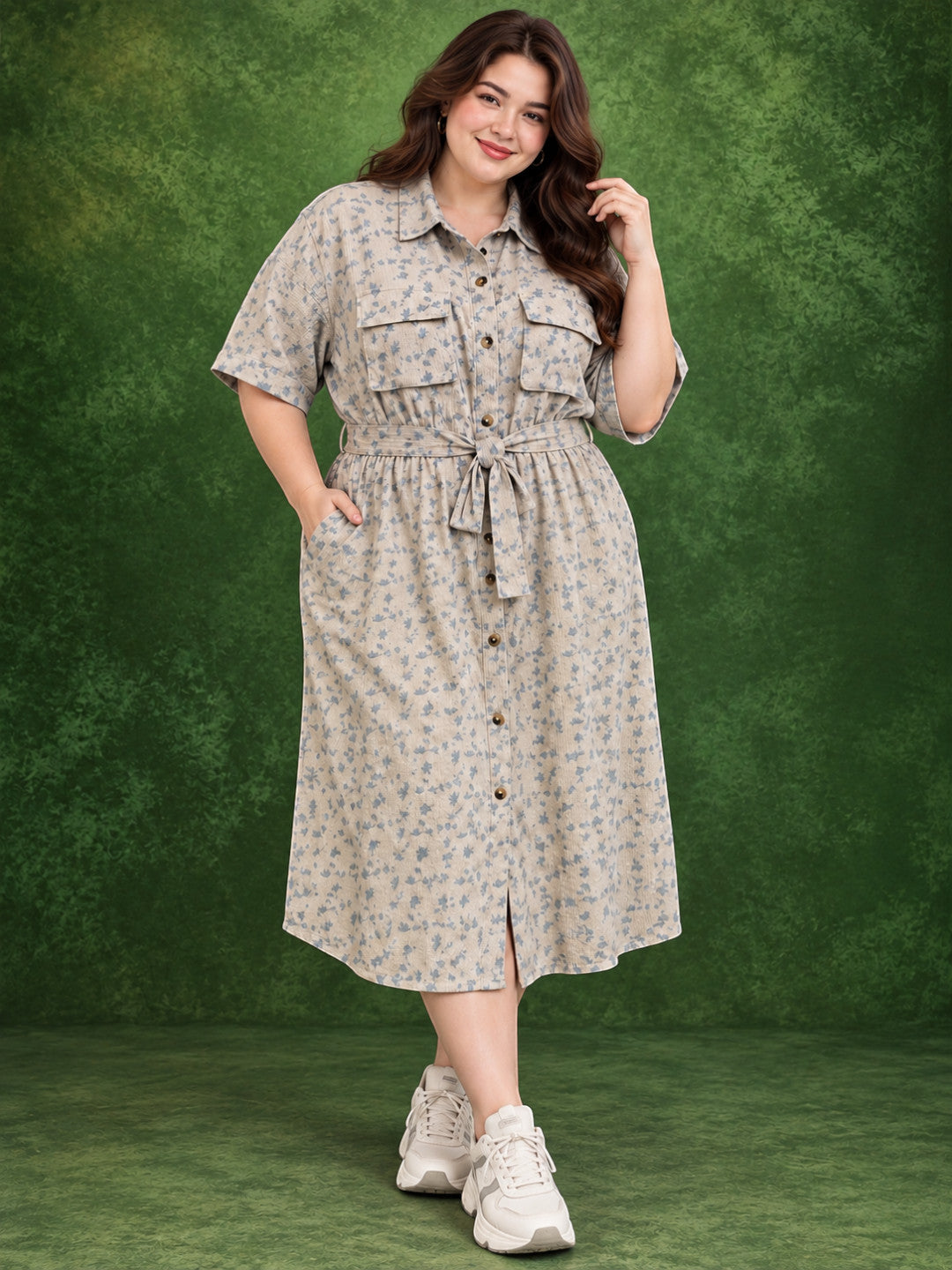 Women plus size grey tropical floral print collared midi shirt dress - front view