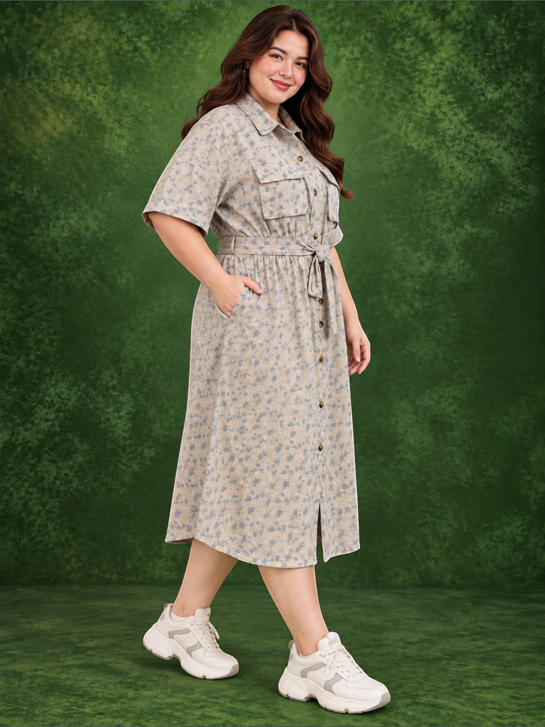 Plus size grey floral shirt dress with waist tie belt