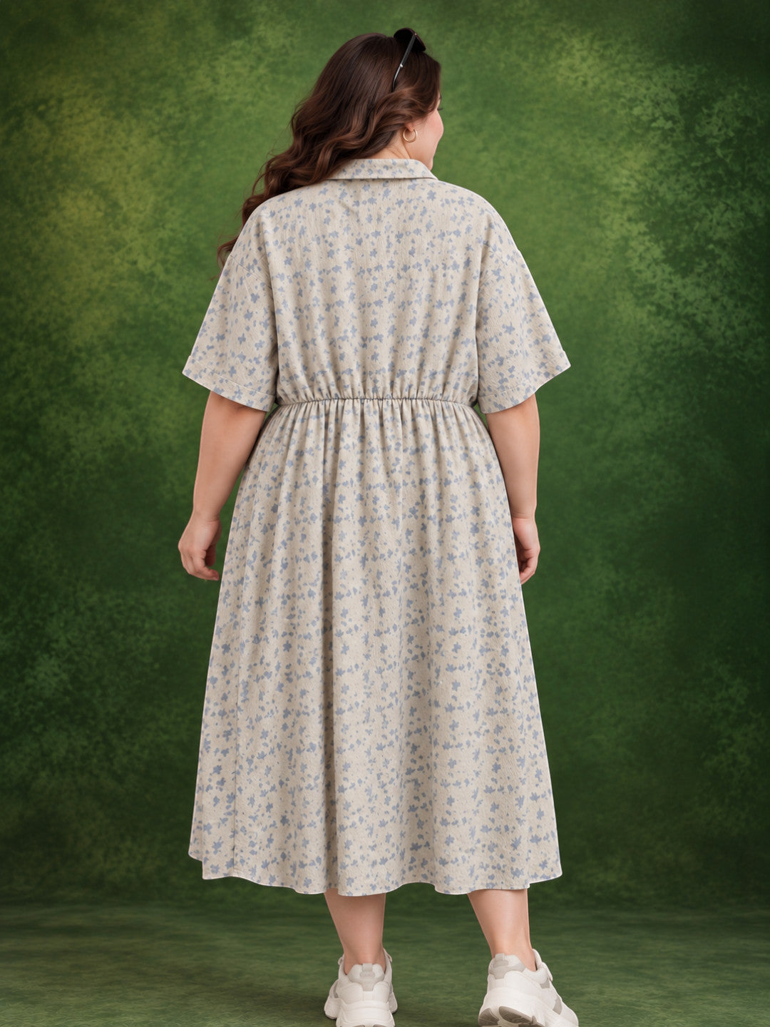 Plus size grey tropical print shirt dress - side view