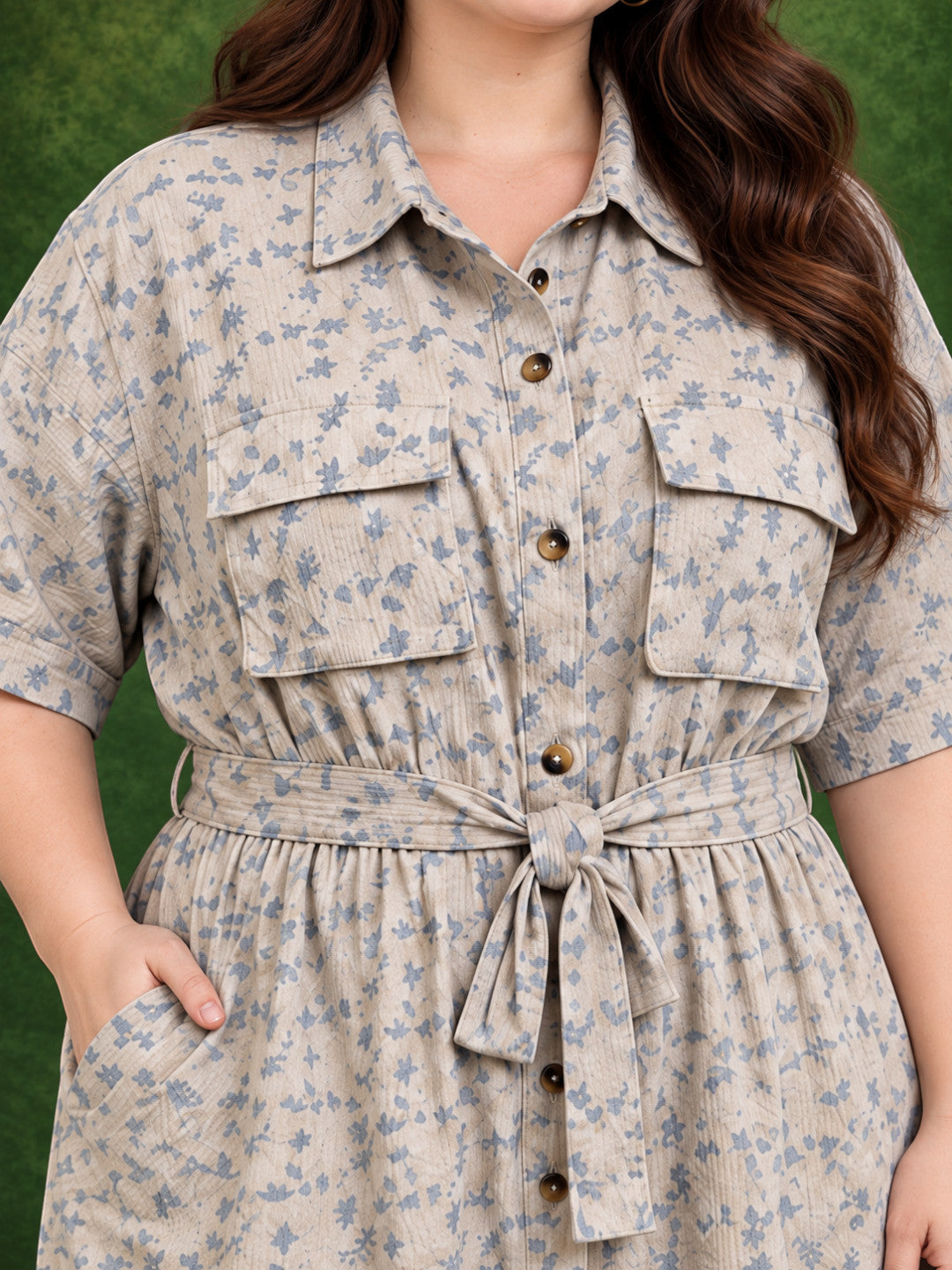 Plus size grey floral midi dress - back view