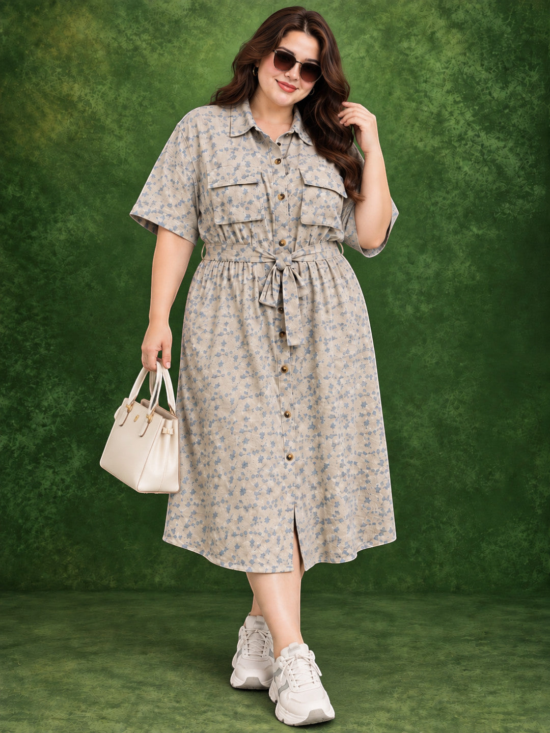 Collar, button placket and chest pockets on plus size floral shirt dress