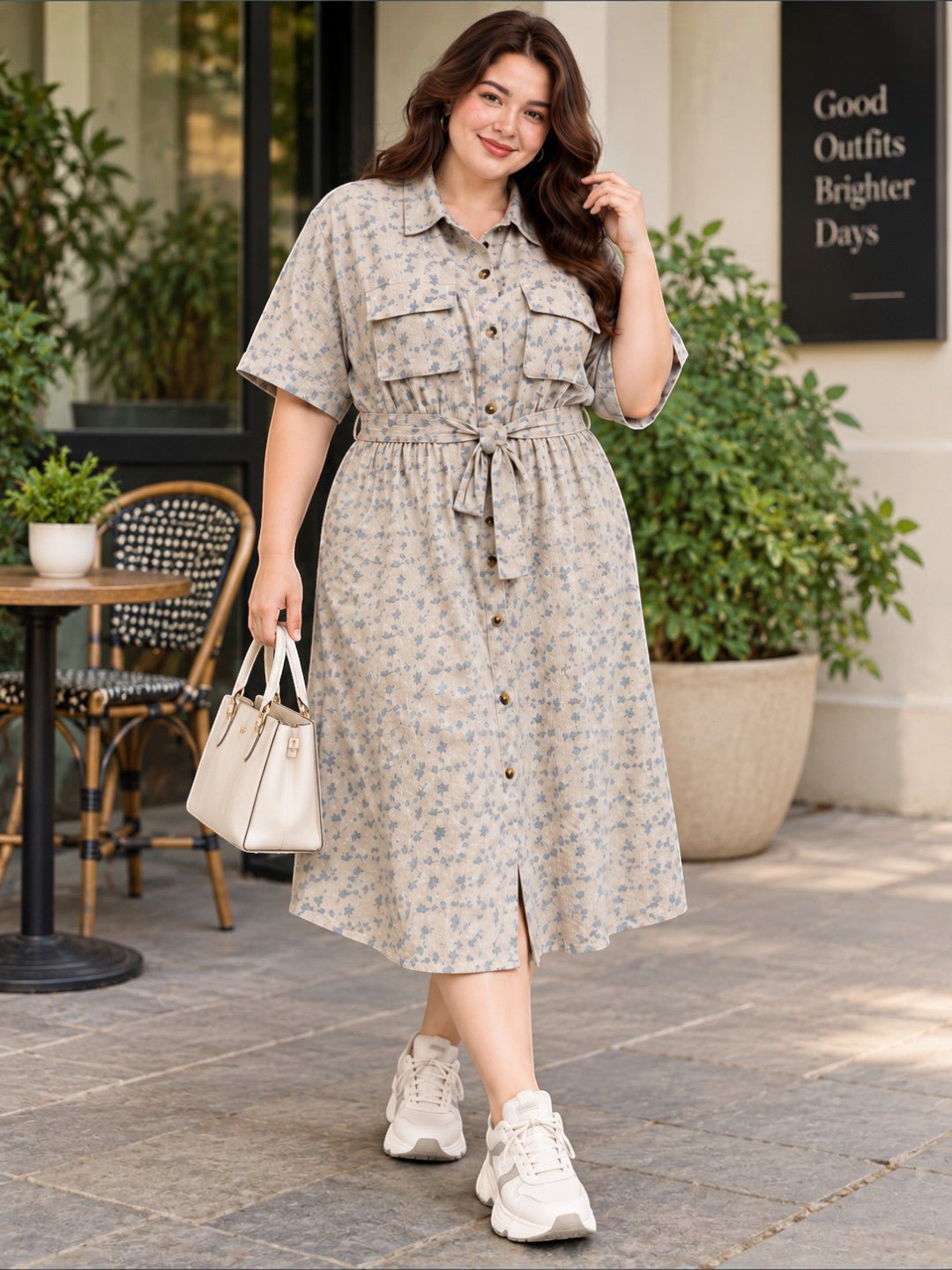 Oxolloxo plus size grey floral shirt dress styled look