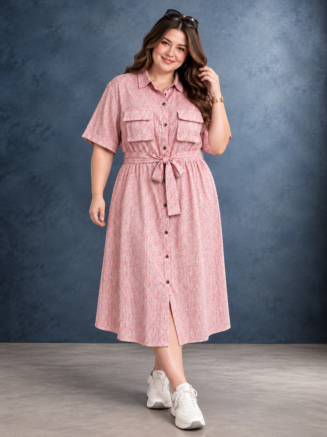Women plus size pink polka dot print collared midi shirt dress - front view