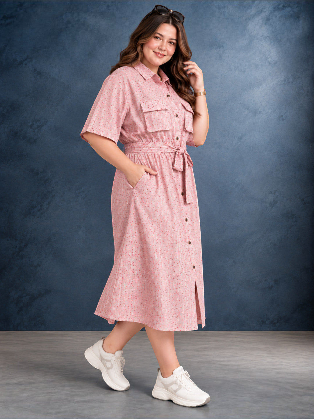 Plus size pink polka dot shirt dress with waist tie belt