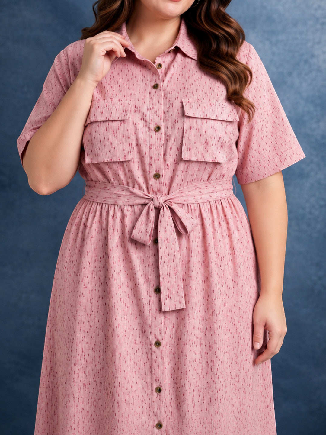 Plus size pink polka dot midi dress - back view