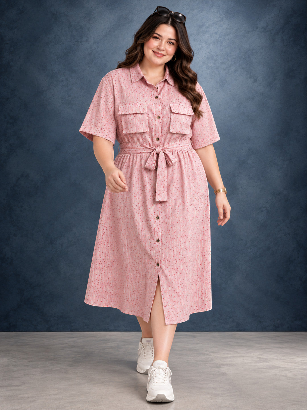Collar, button placket and chest pockets on plus size polka dot shirt dress