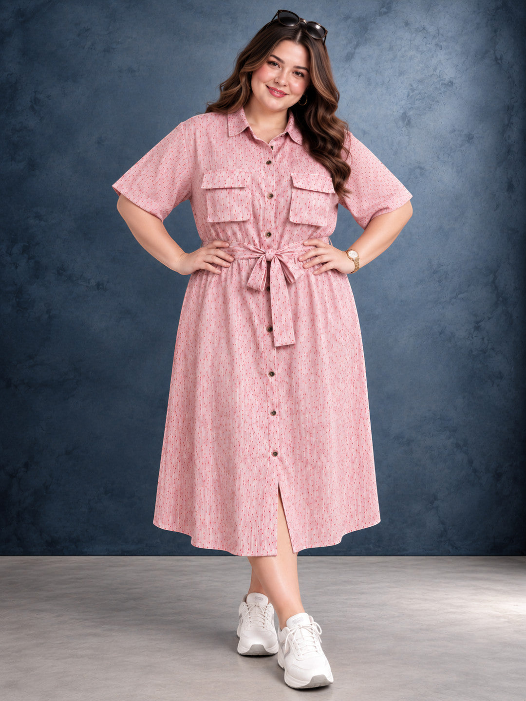 Oxolloxo plus size pink polka dot shirt dress styled look