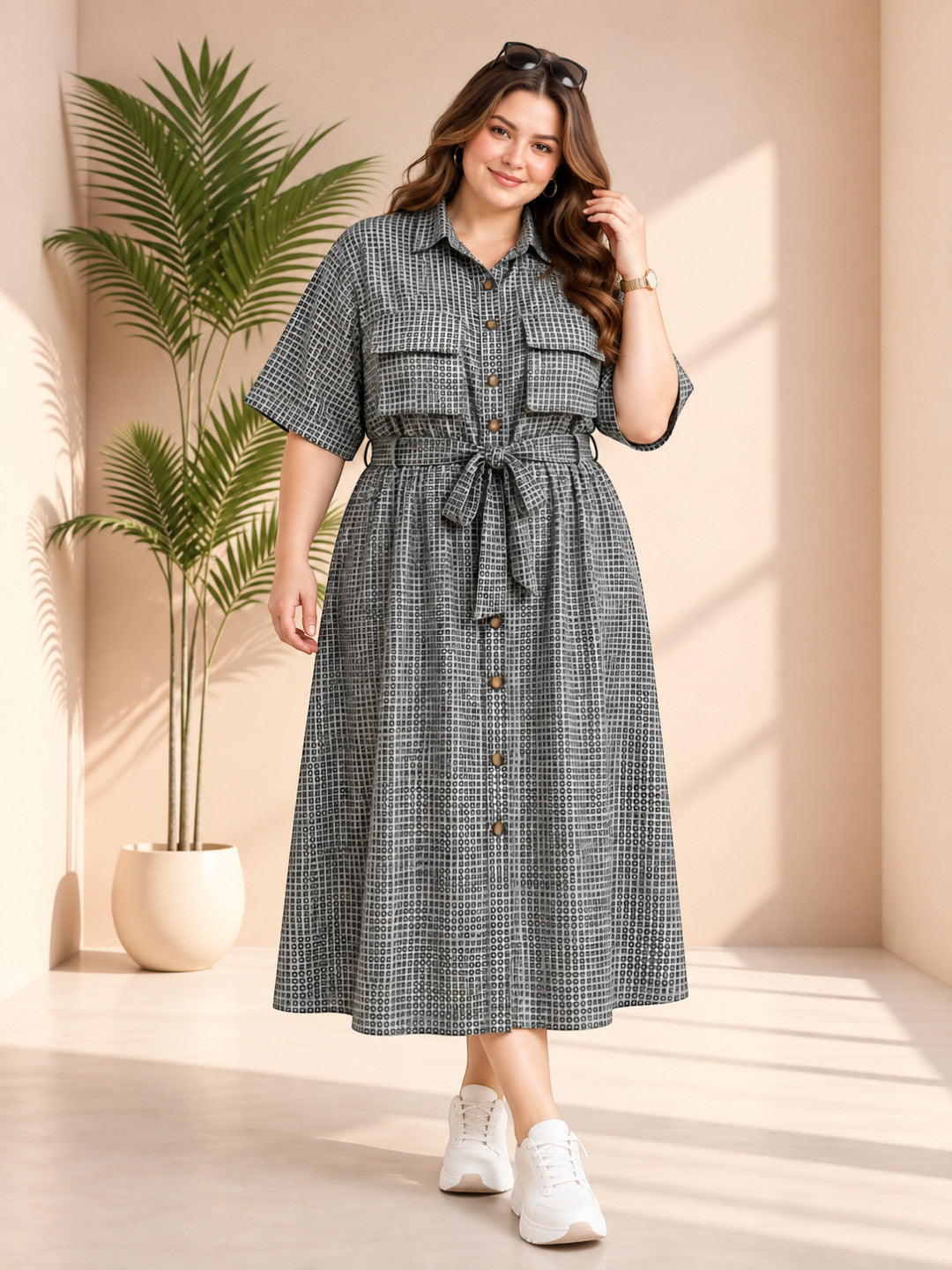 Women plus size grey graphic print collared midi shirt dress - front view