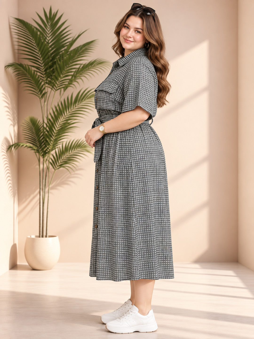Plus size grey graphic print shirt dress with waist tie belt