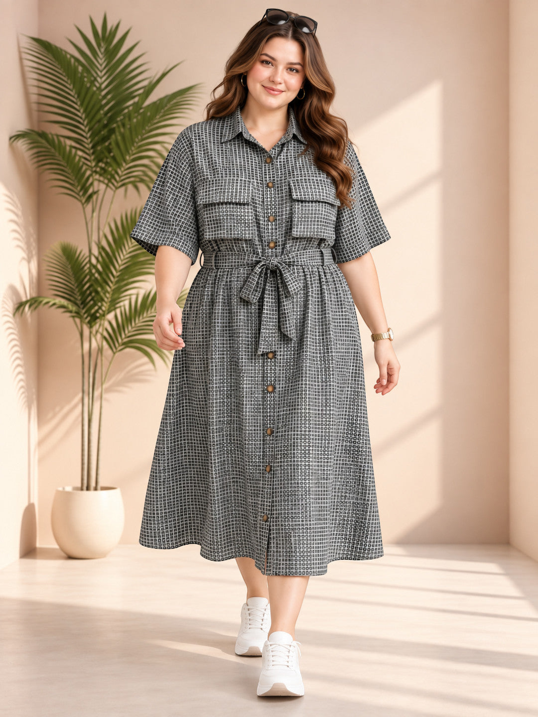 Collar, button placket and chest pockets on plus size graphic print shirt dress
