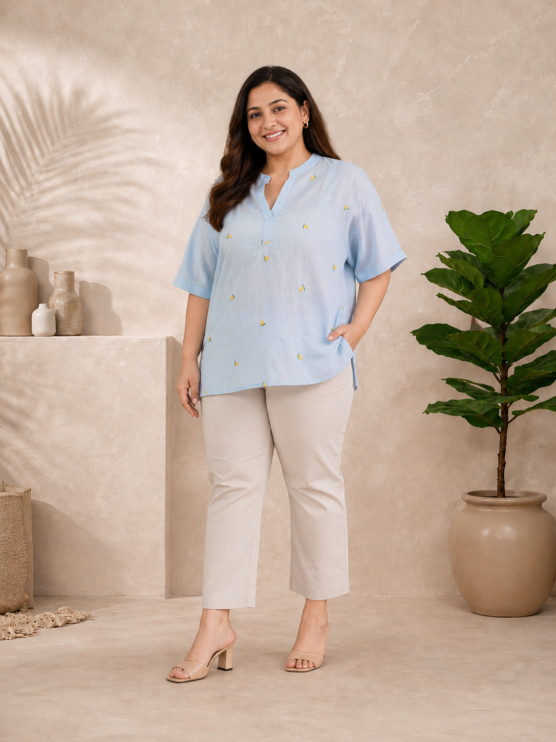 Plus Size Blue Embroidered Cotton Top