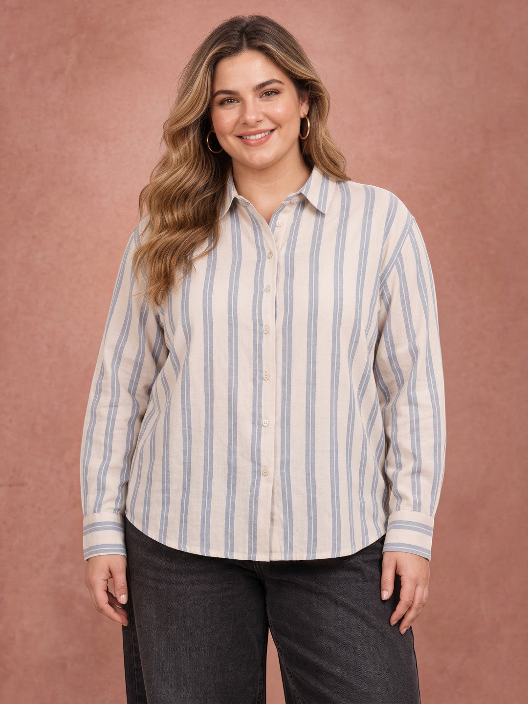 Women plus size white and blue striped long sleeve cotton shirt - front view