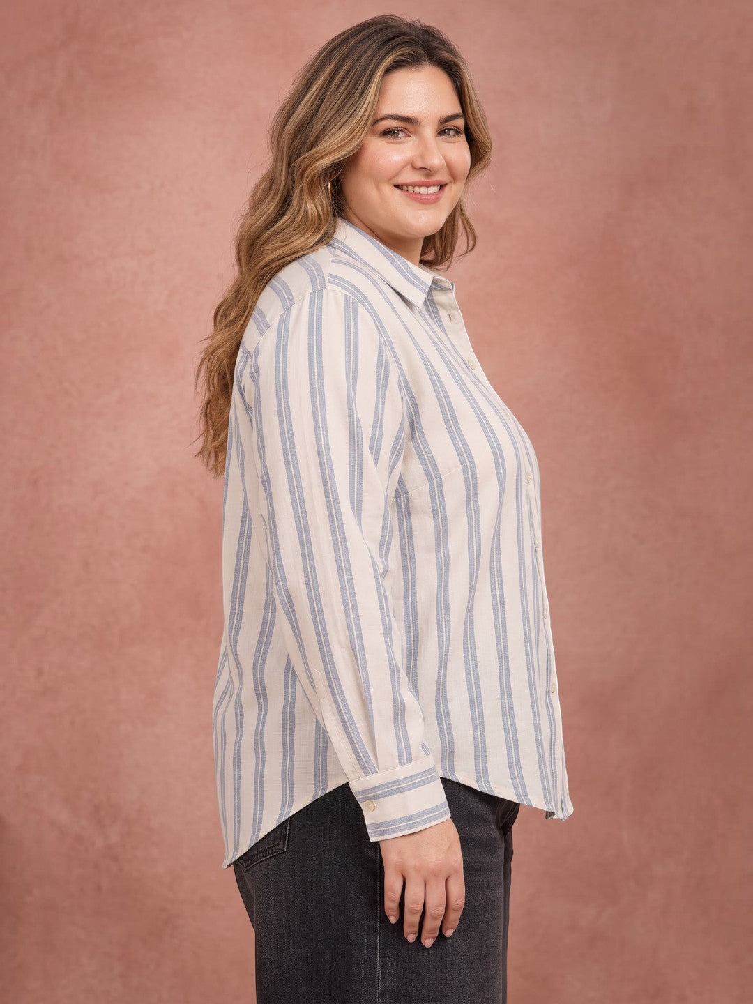 Plus size blue stripe cotton shirt with collar and button placket