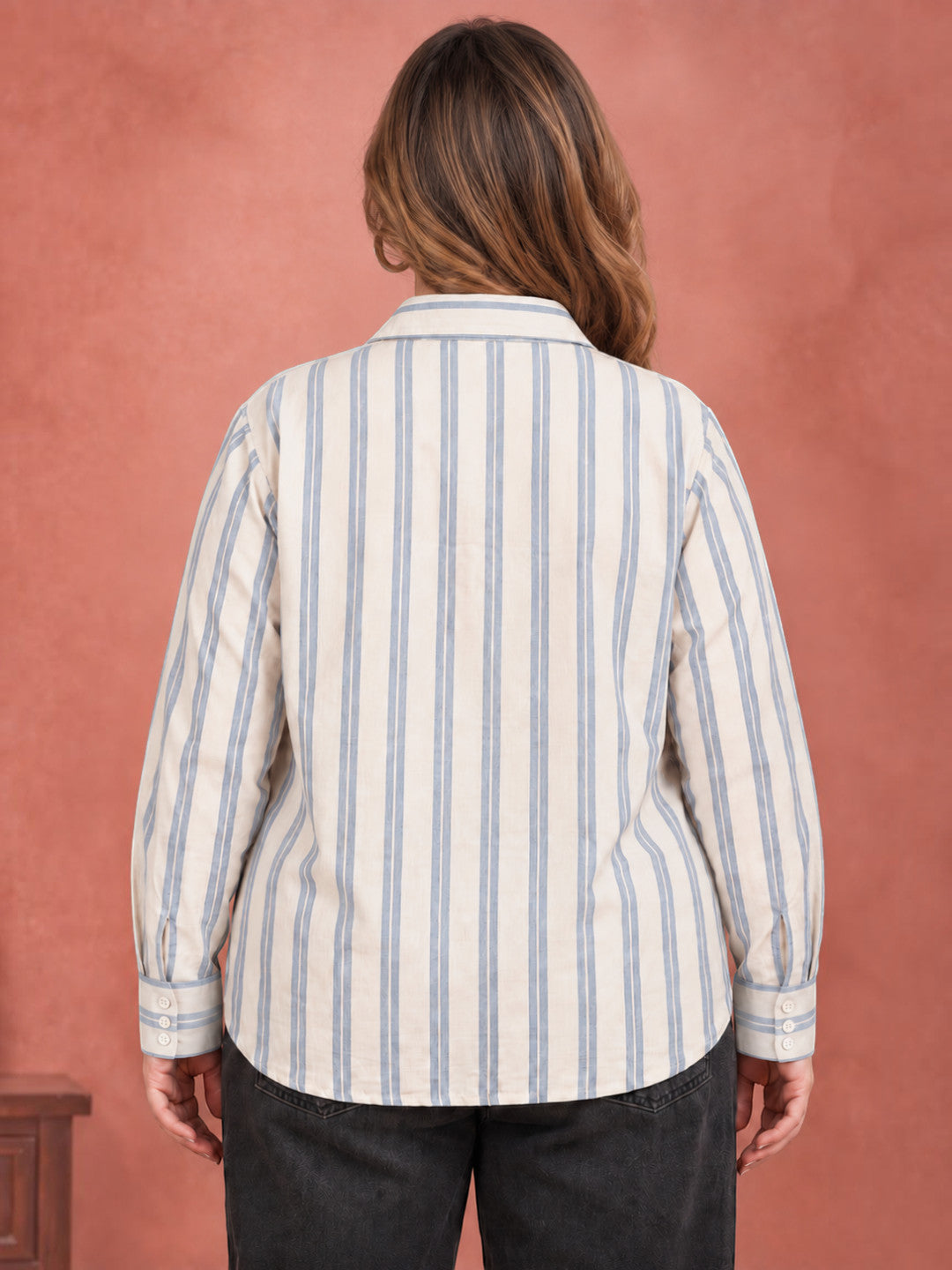 Plus size white and blue striped shirt - side view