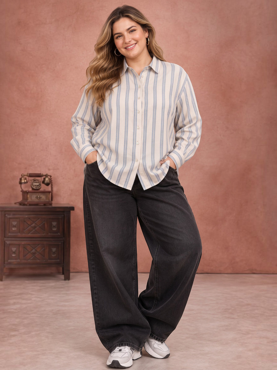 Plus size blue stripe shirt styled with sleeves rolled up