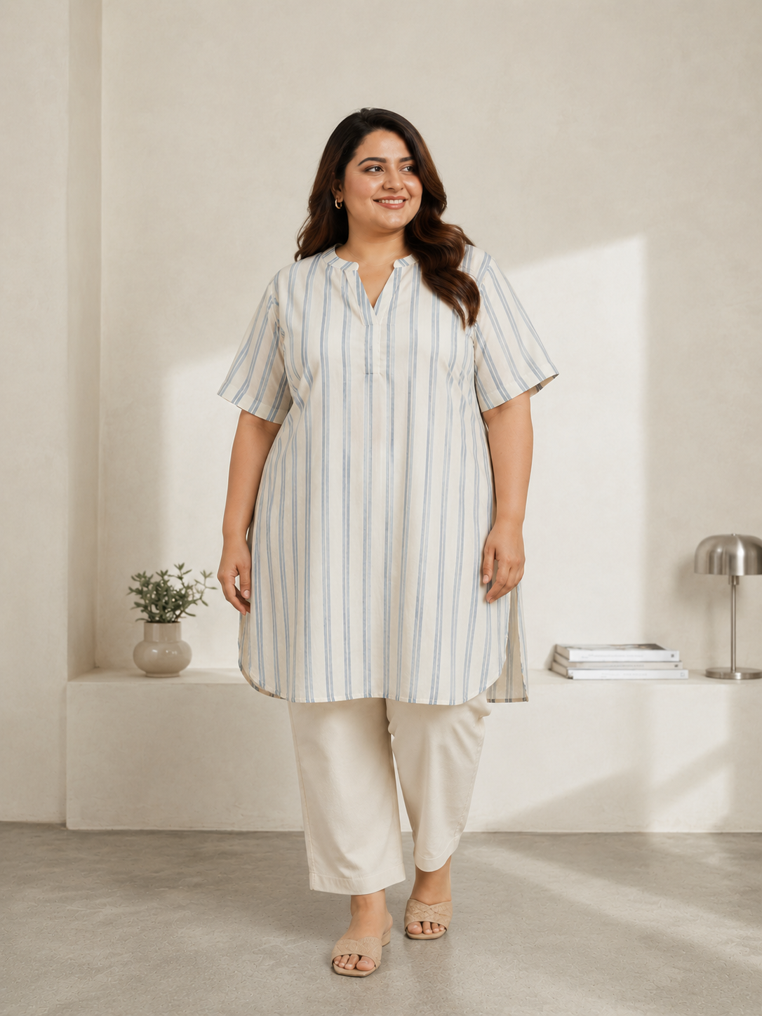 Plus Size Blue Stripe Print Cotton Dress