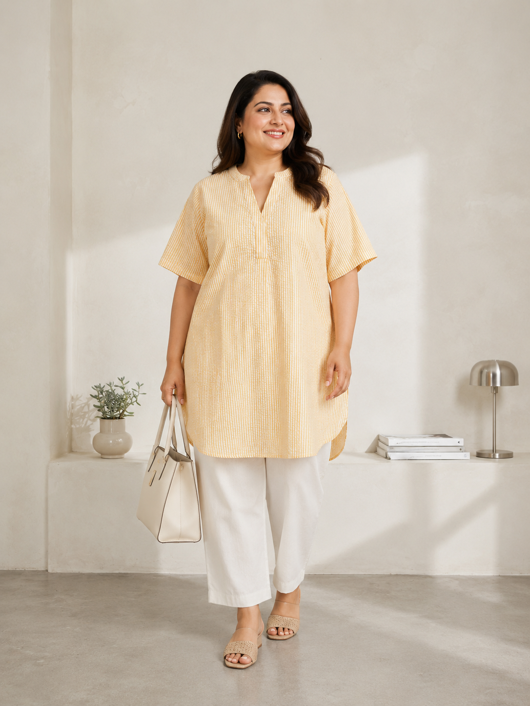 Plus Size Yellow Stripe Cotton Dress