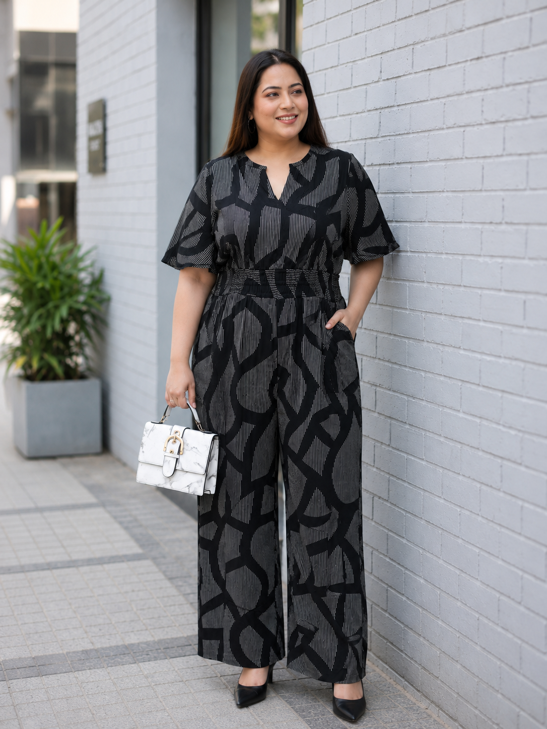 Plus Size Black Abstract Print Jumpsuit- Pre Order