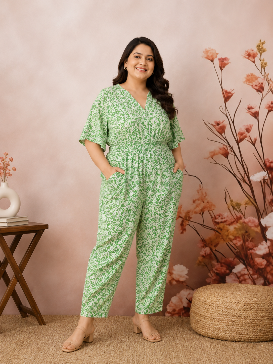 Plus Size Green Floral Print Jumsuit- Pre Order