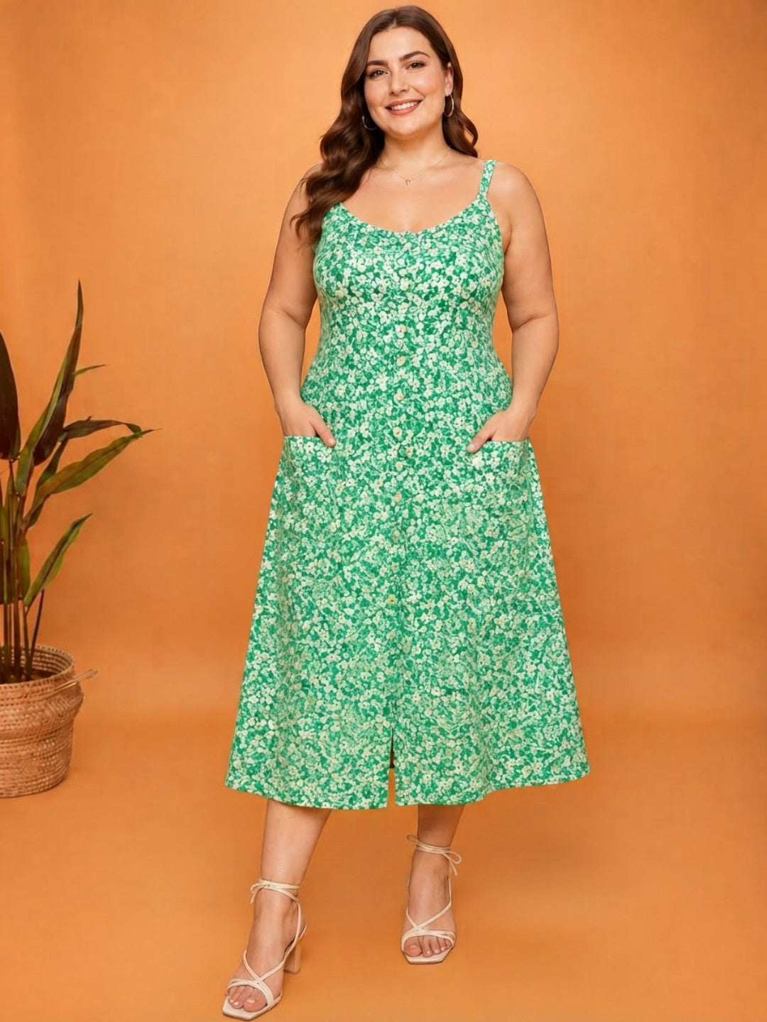 Women Plus Size Green Floral Viscose Dress Oxolloxo