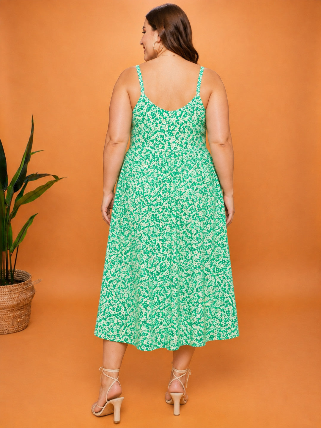 Women Plus Size Green Floral Viscose Dress Oxolloxo