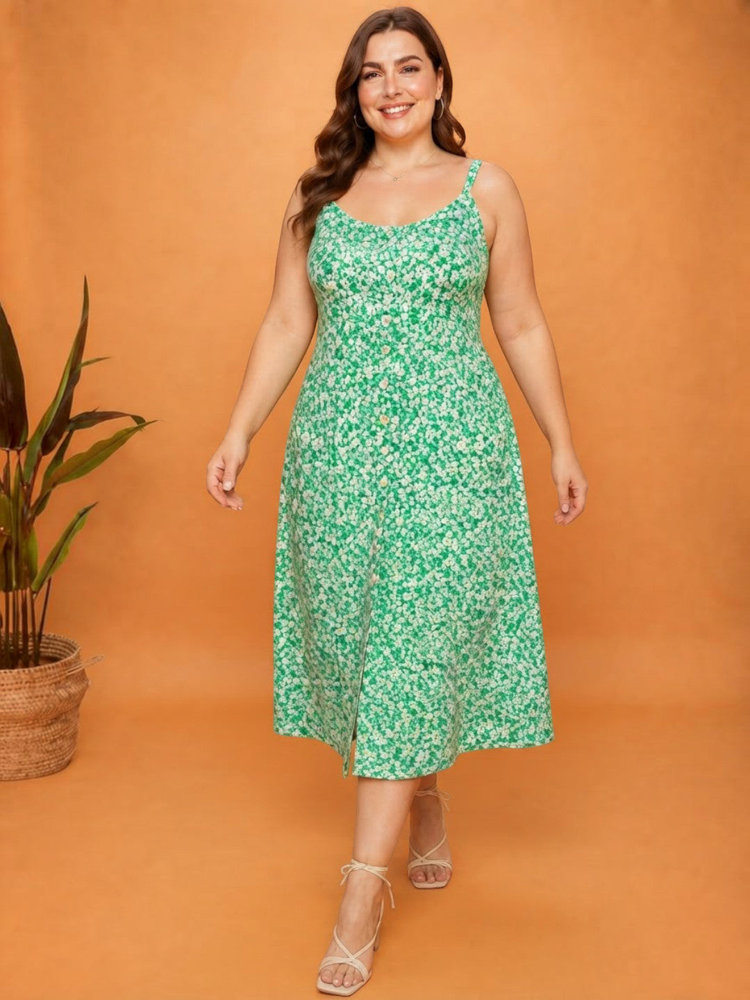 Women Plus Size Green Floral Viscose Dress Oxolloxo