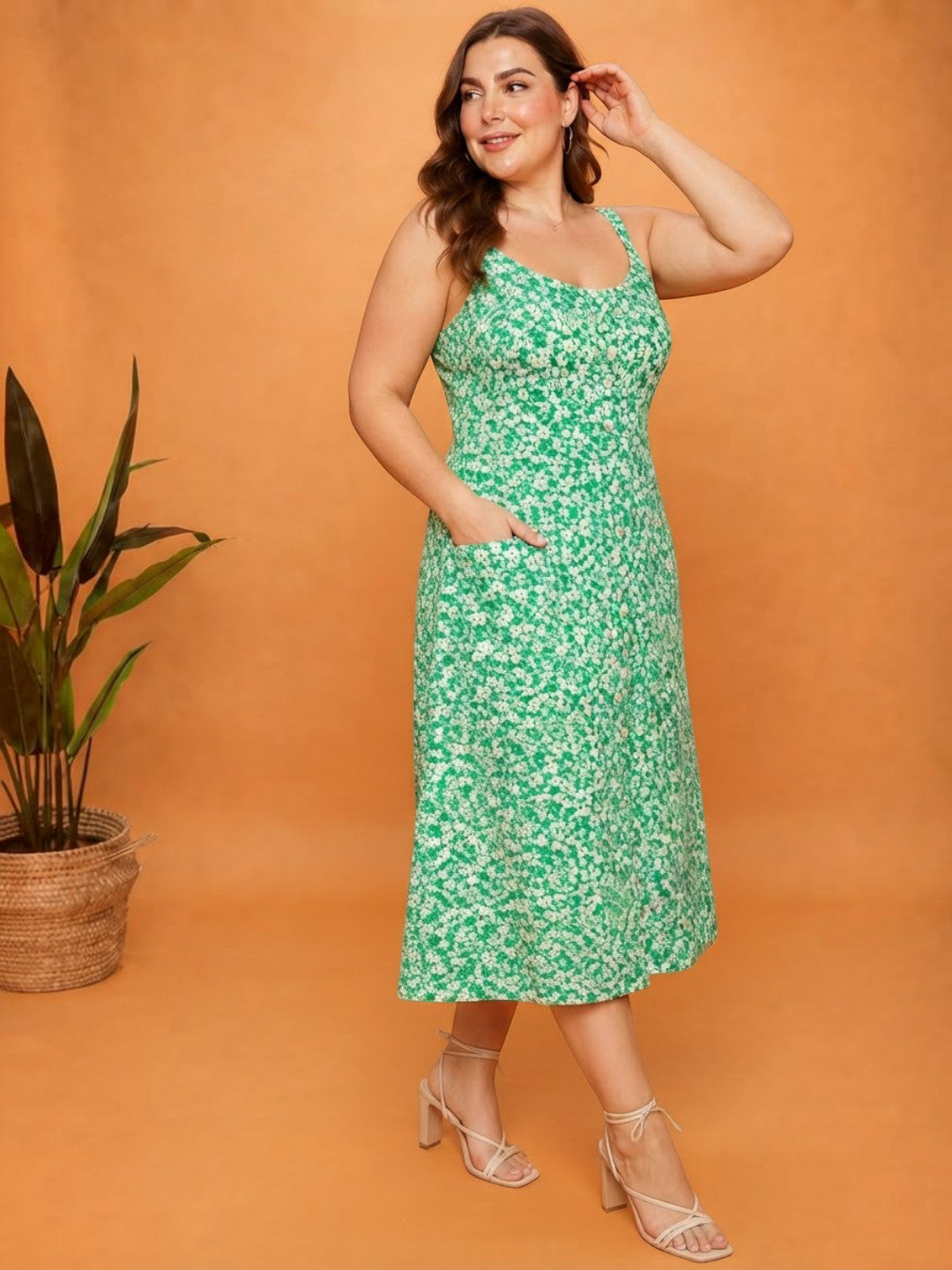 Women Plus Size Green Floral Viscose Dress Oxolloxo