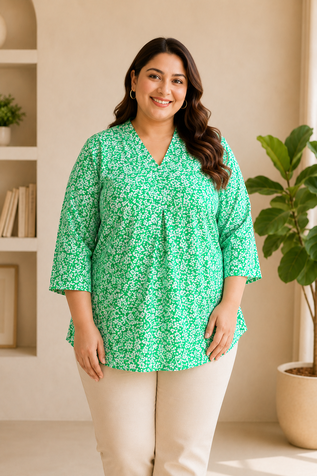 Women Plus Size Green Floral Print Top - Pre Order