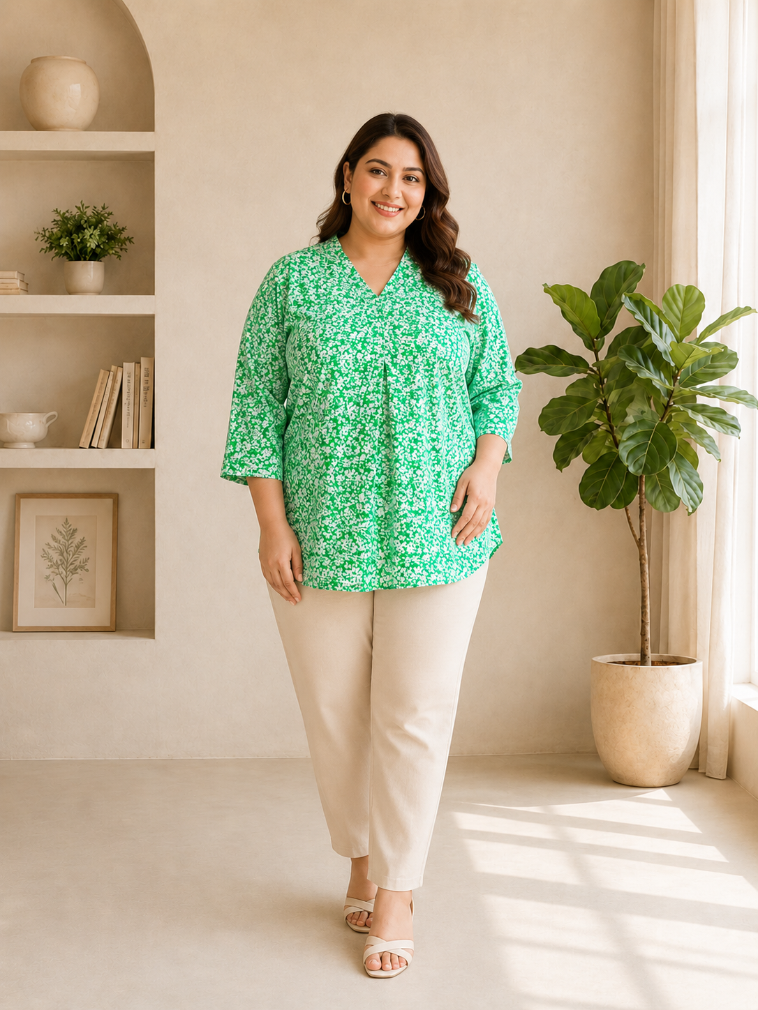 Women Plus Size Green Floral Print Top - Pre Order