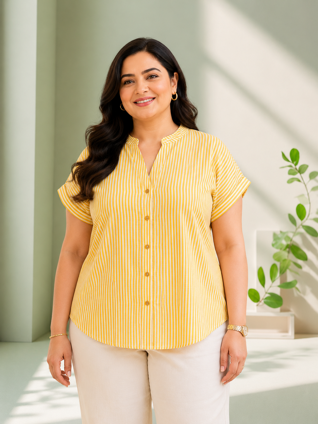 Women Plus Size Yellow Stripe Cotton Dobby Top- Pre Order