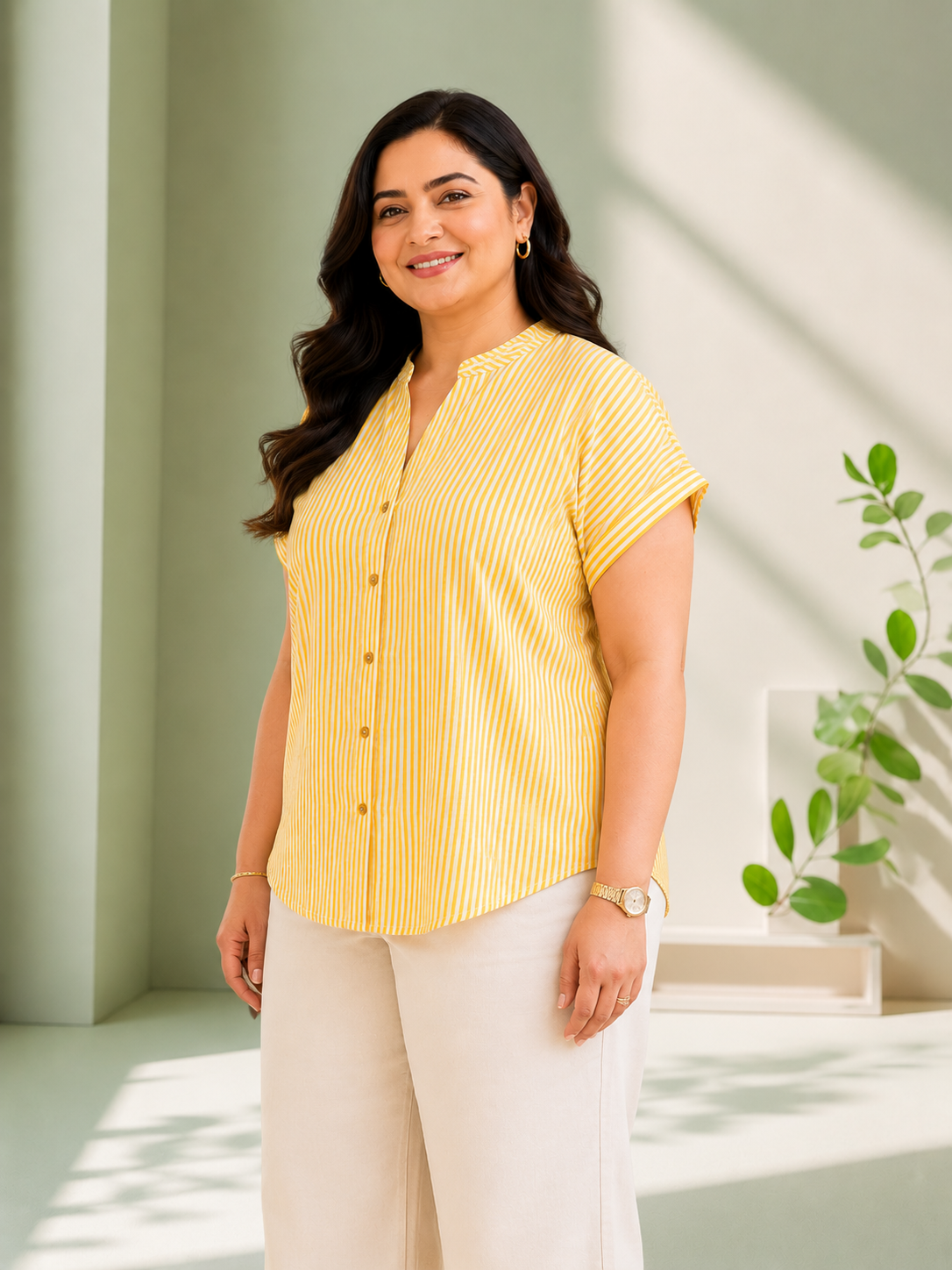 Women Plus Size Yellow Stripe Cotton Dobby Top- Pre Order
