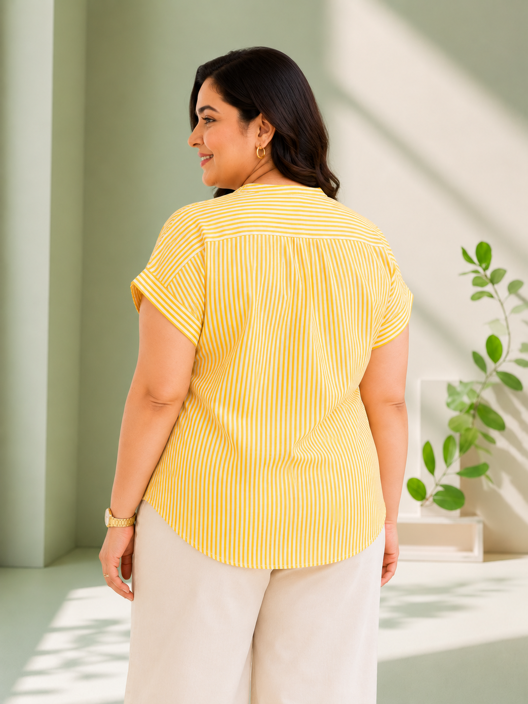Women Plus Size Yellow Stripe Cotton Dobby Top- Pre Order