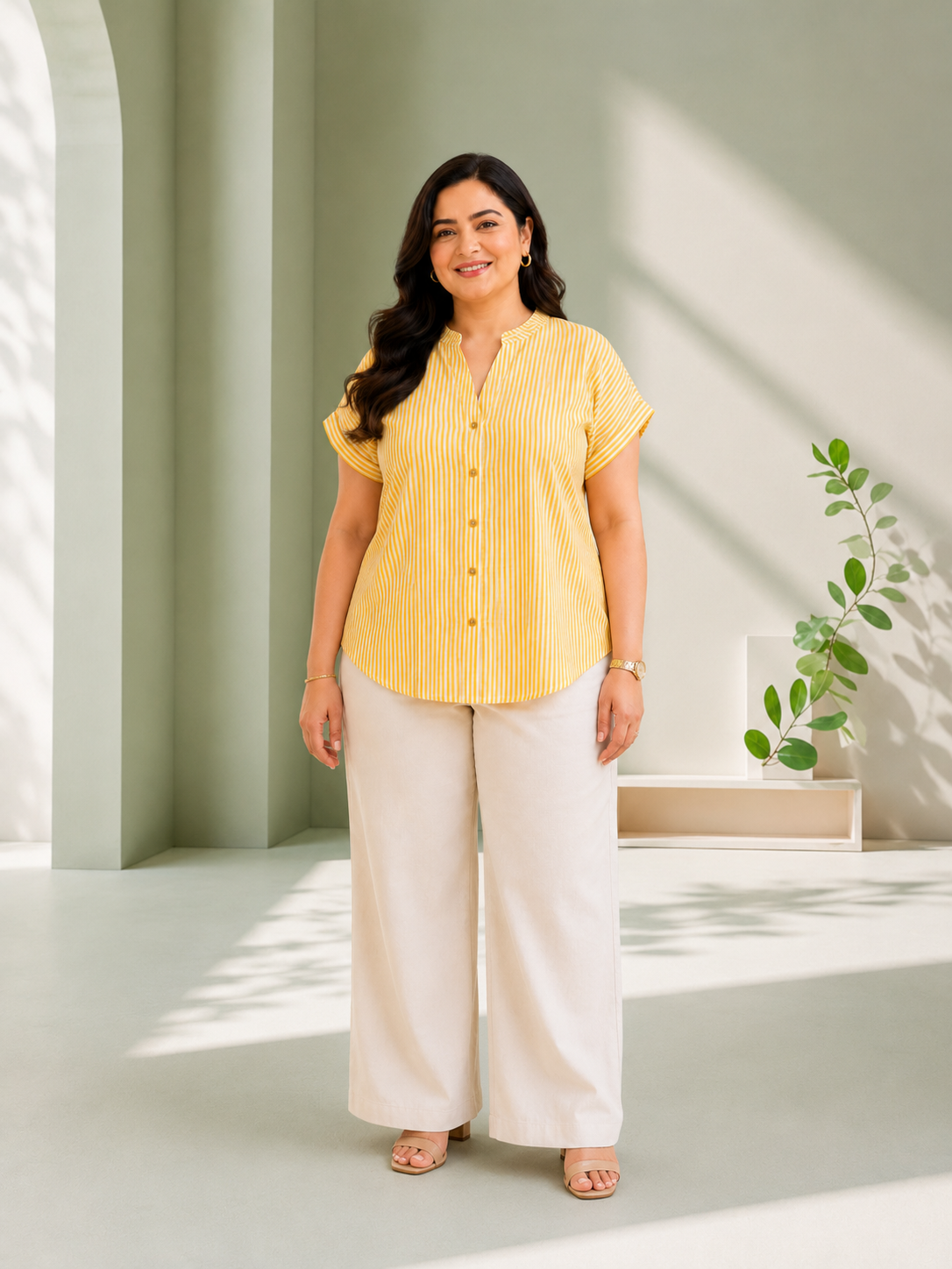 Women Plus Size Yellow Stripe Cotton Dobby Top- Pre Order