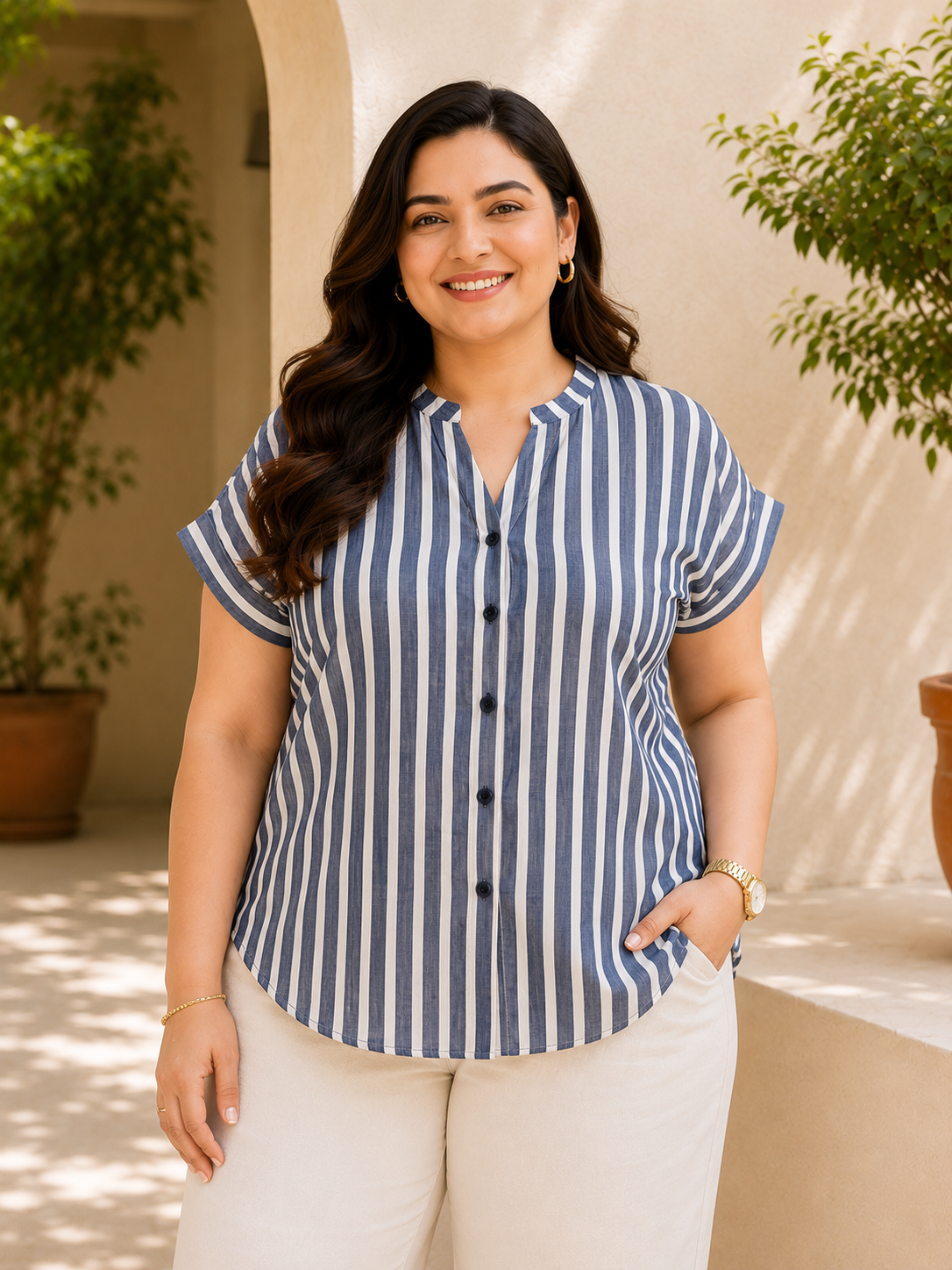 Women Plus Size Stripe Cotton Top- Pre Order