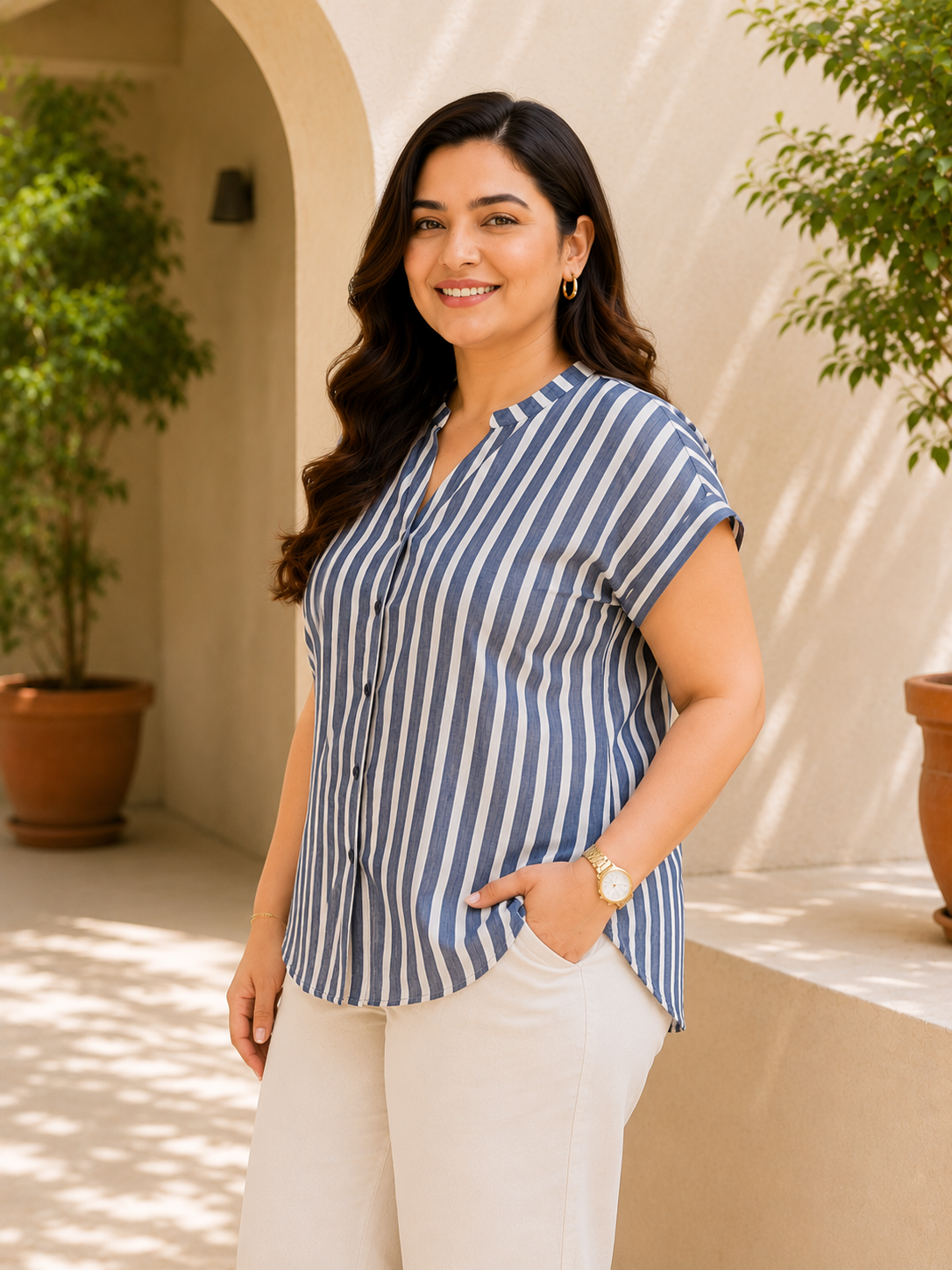 Women Plus Size Stripe Cotton Top- Pre Order