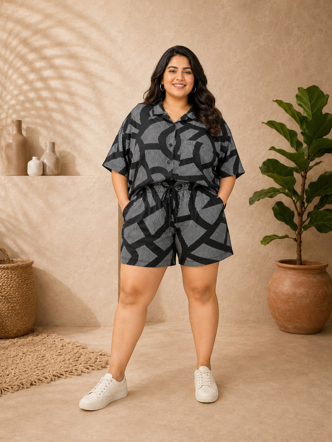 Women Plus Size Black Abstract Print Co-Ord Set - Pre Order