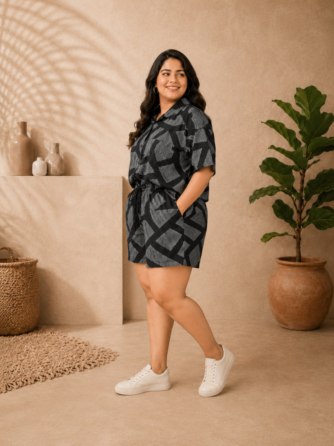 Women Plus Size Black Abstract Print Co-Ord Set - Pre Order