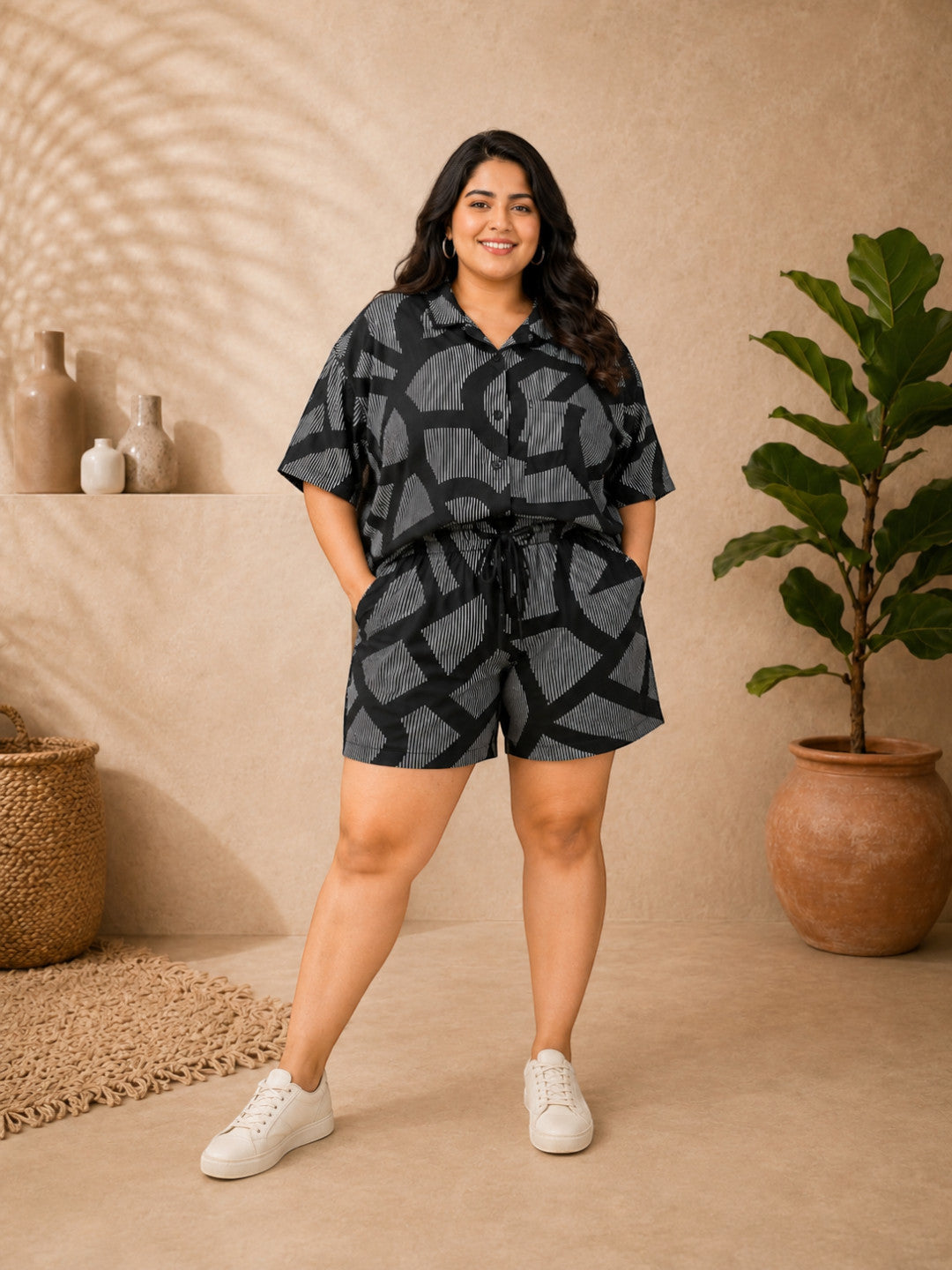 Women Plus Size Black Abstract Print Co-Ord Set - Pre Order