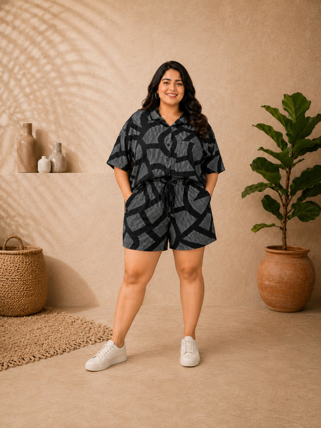 Women Plus Size Black Abstract Print Co-Ord Set - Pre Order