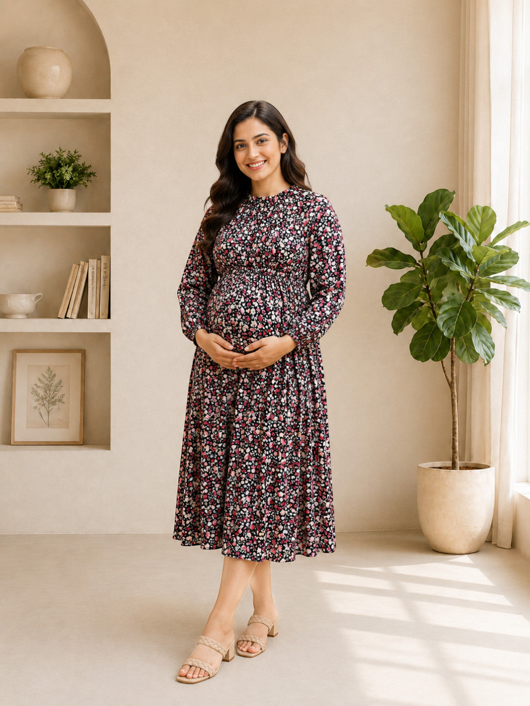Women Black Floral Maternity Dress