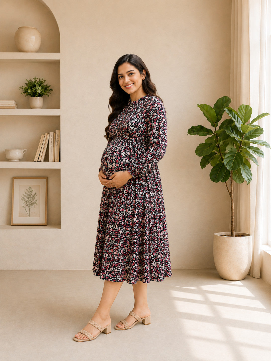 Women Black Floral Maternity Dress