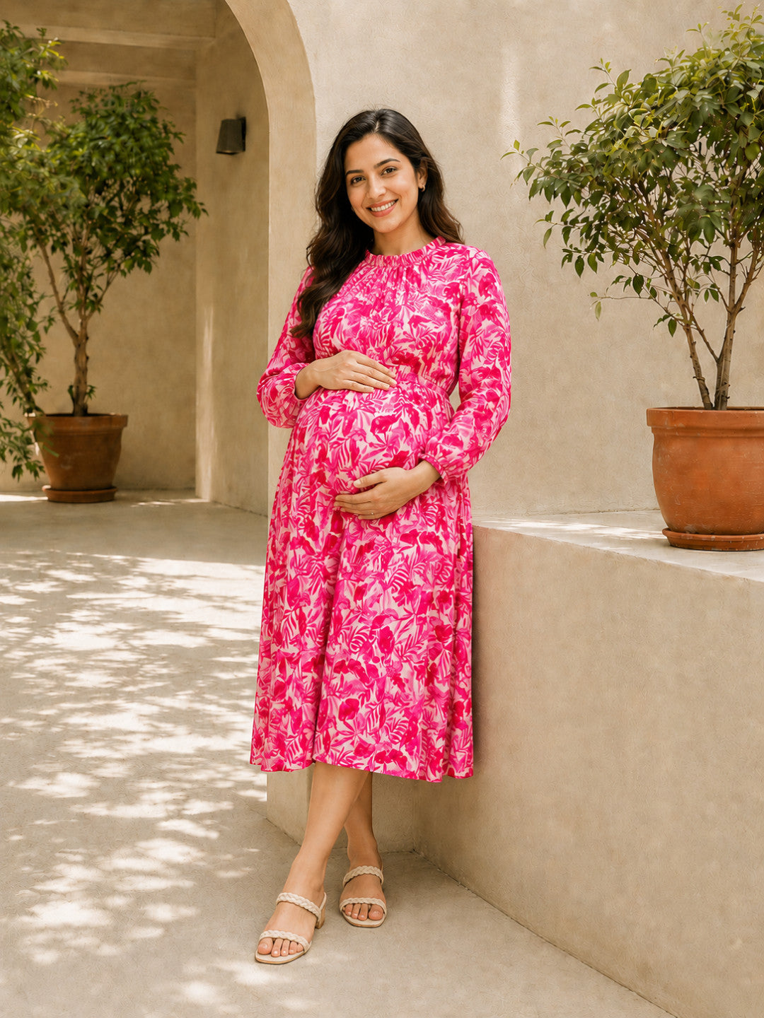 Women Pink Floral Maternity Dress