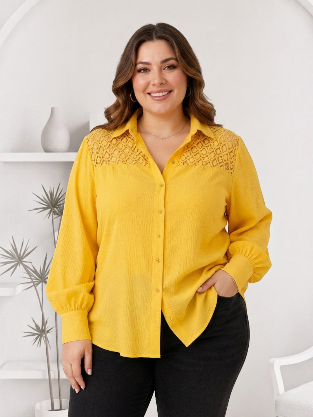 Women Plus Size Yellow Shirt Oxolloxo