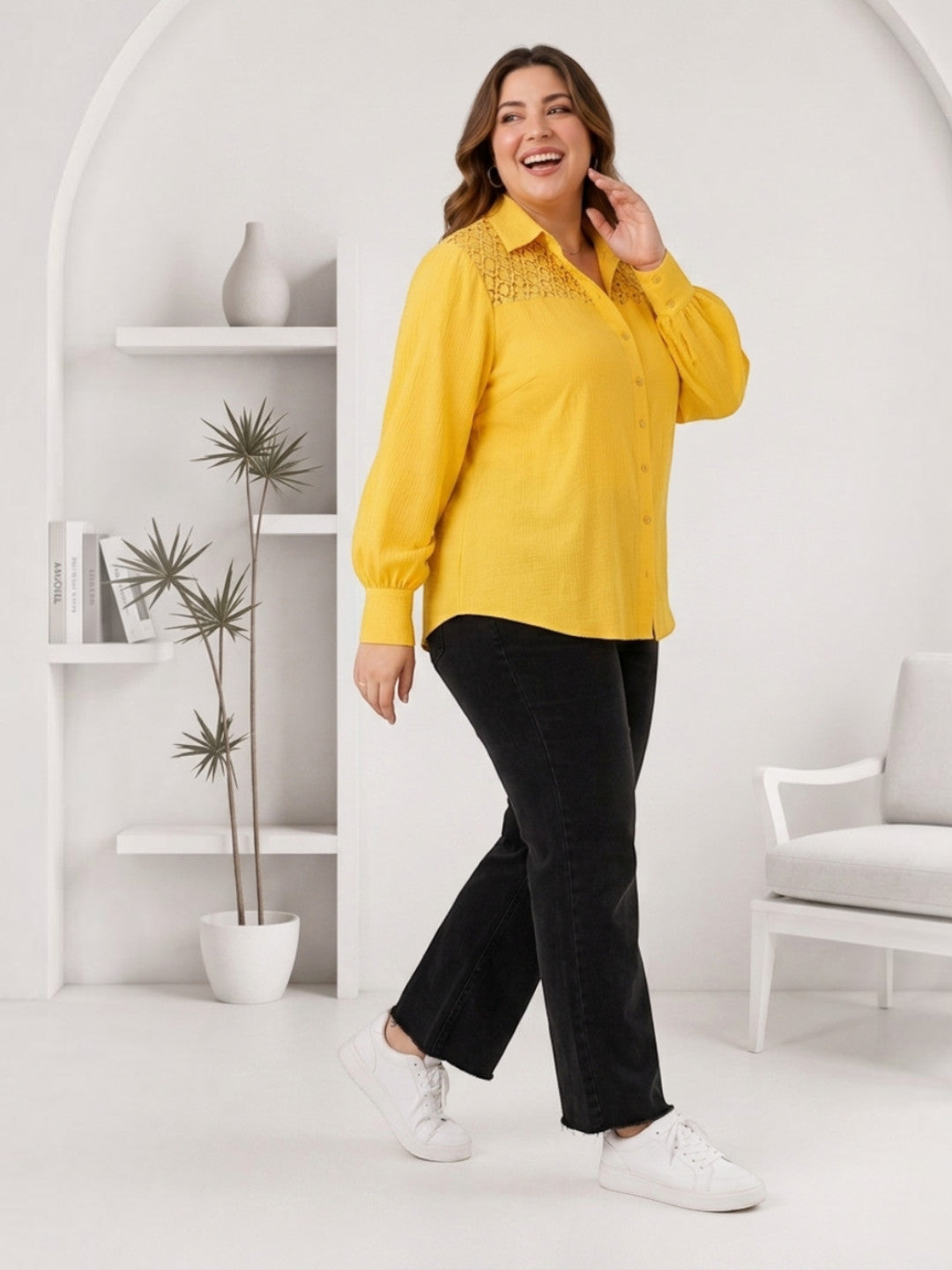 Women Plus Size Yellow Shirt Oxolloxo