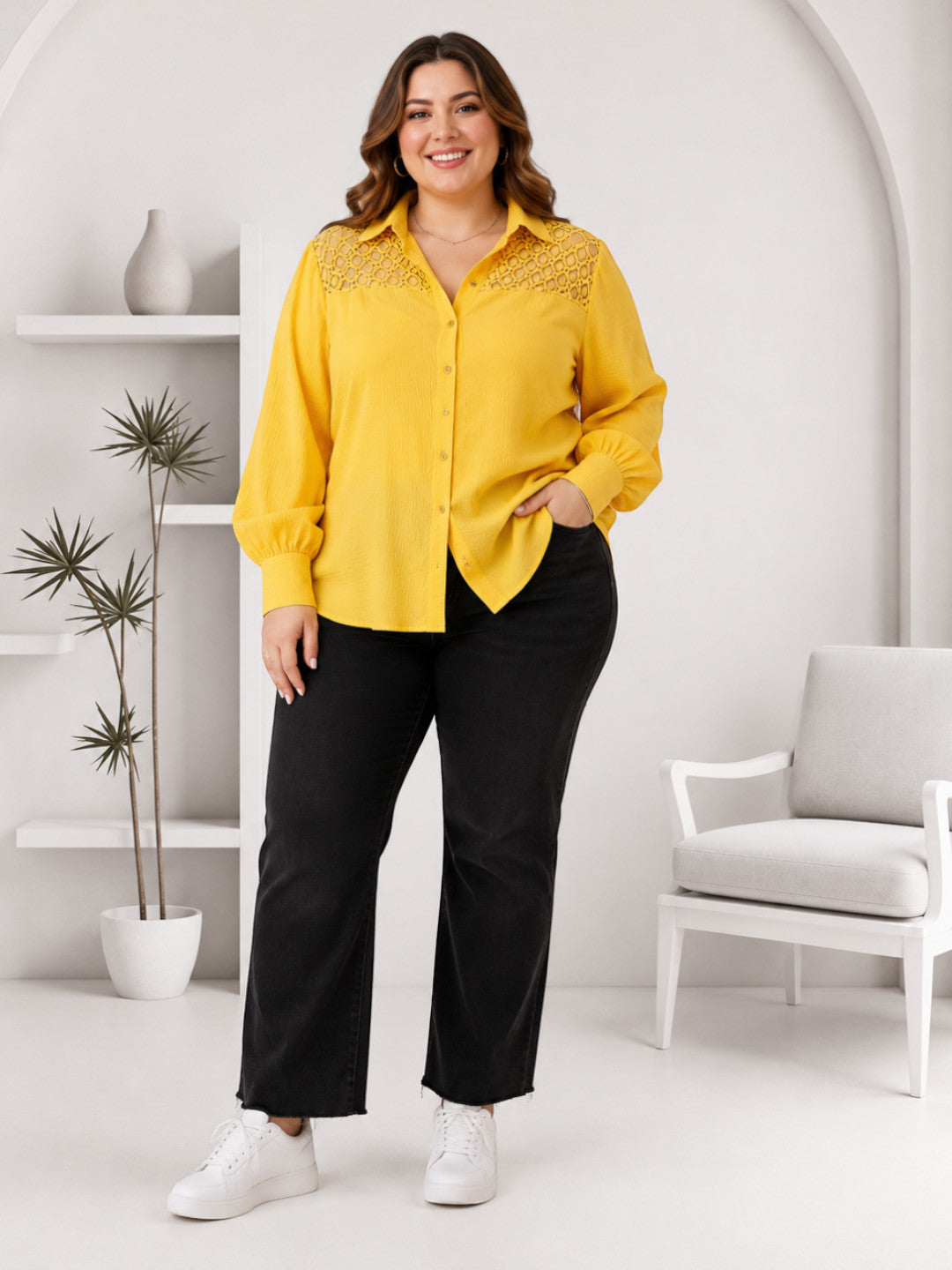 Women Plus Size Yellow Shirt Oxolloxo