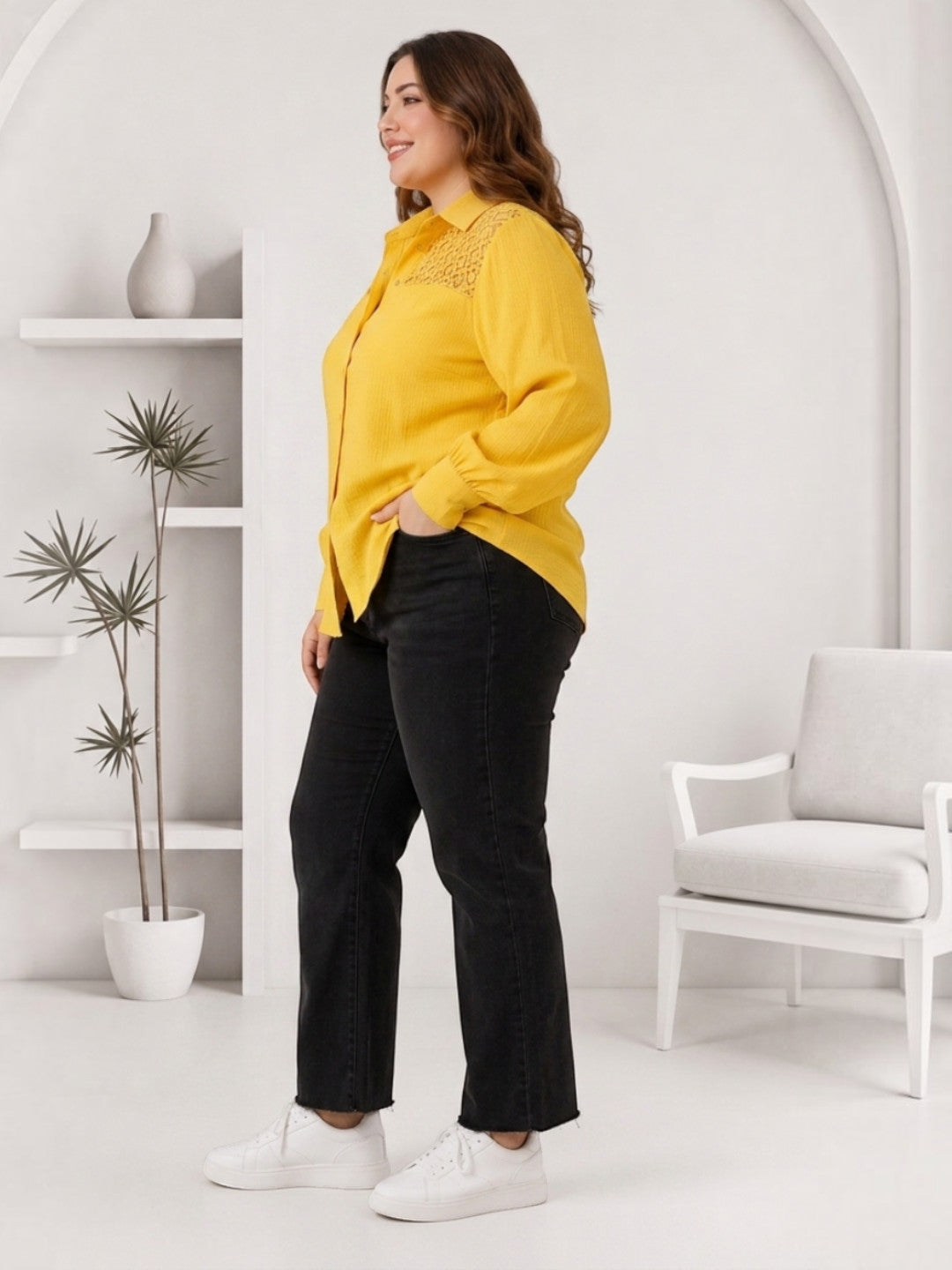 Women Plus Size Yellow Shirt Oxolloxo
