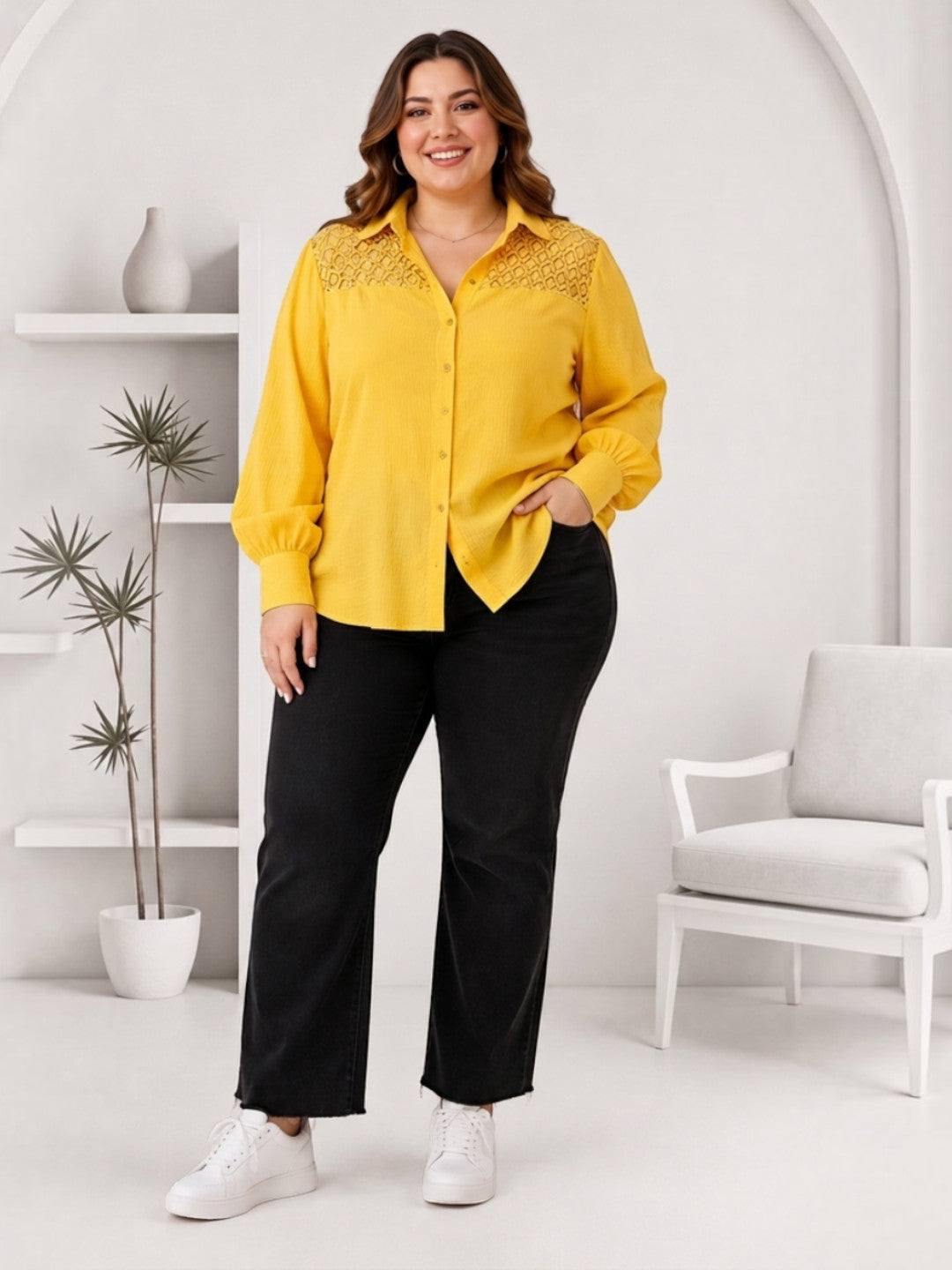 Women Plus Size Yellow Shirt Oxolloxo