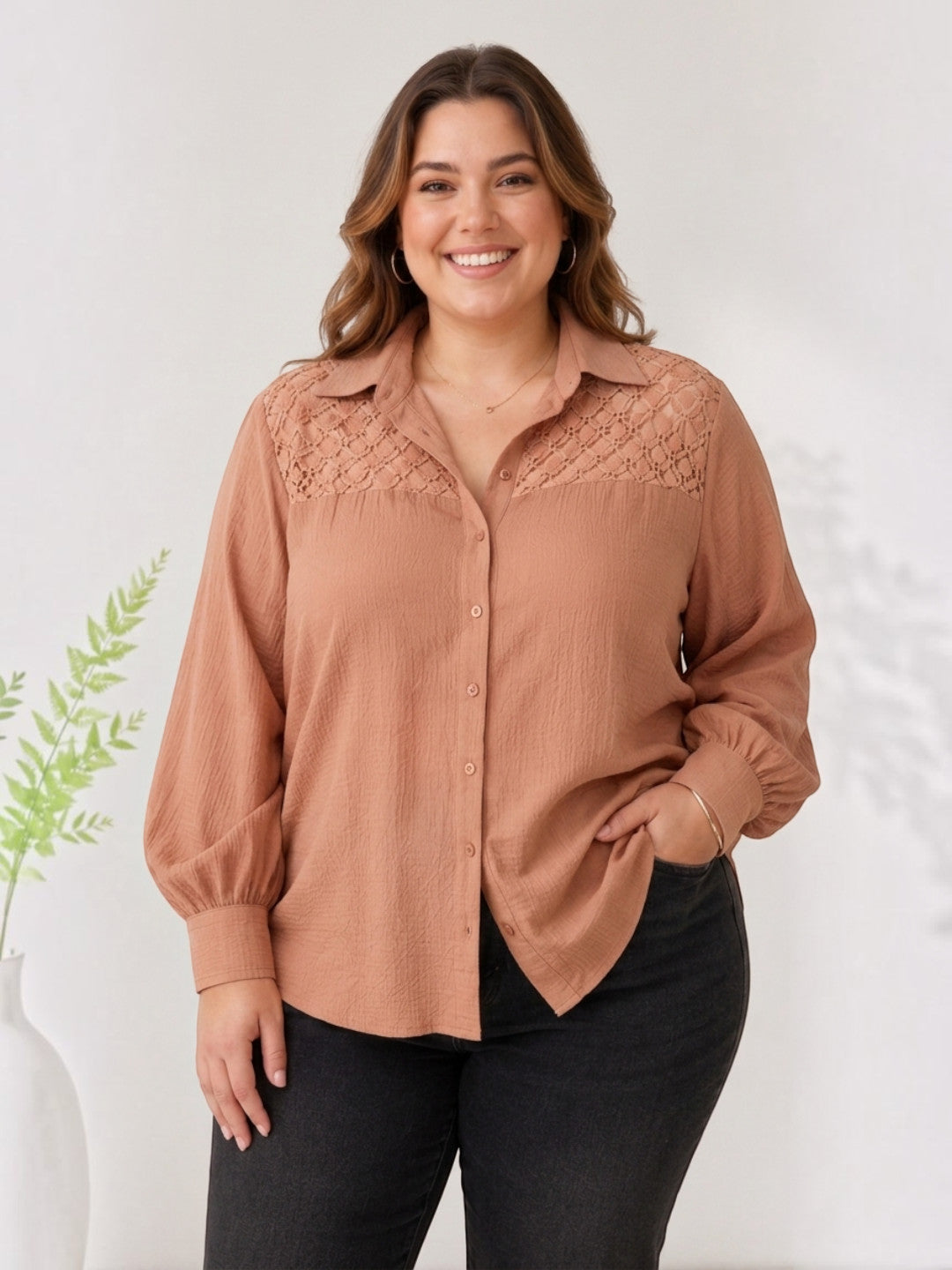 Women Plus Size Beige Shirt Oxolloxo